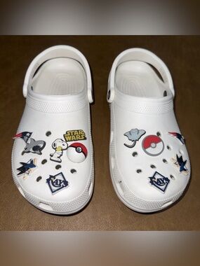 Crocs Clogs White - Jibbitz Charms Sports Pokemon etc. US Mens 8 - Womens 10